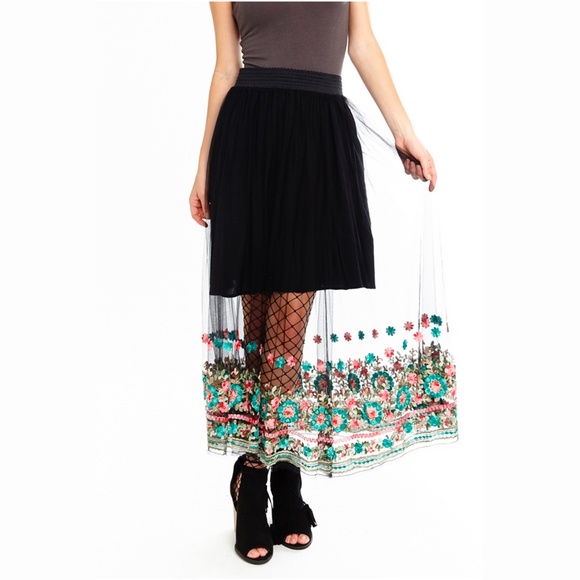 ARATTA Black Mesh Embroidered Midi Skirt - Picture 3 of 7